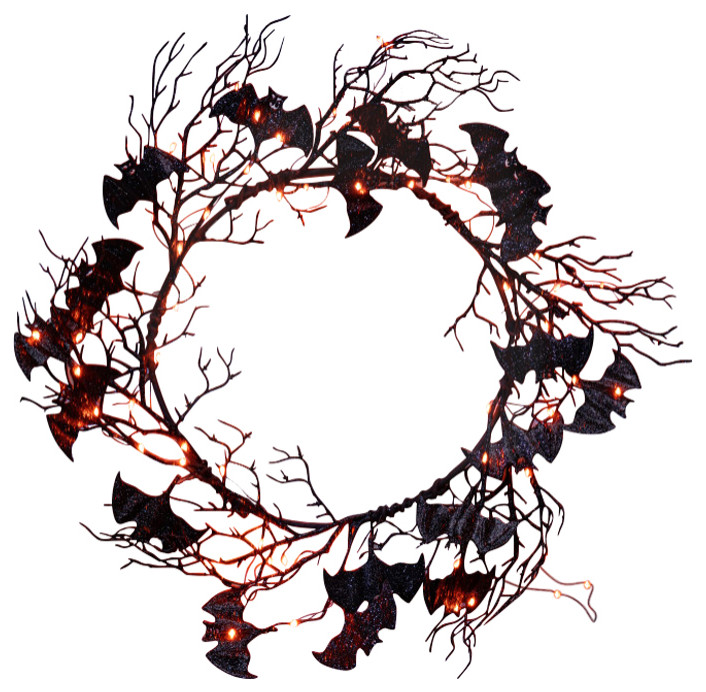 17.7" Black Twig Halloween Wreath With Black Bats and Micro LED Lights