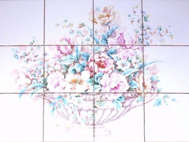 Roses And Peonies Ceramic Tile Mural 12 Piece Set
