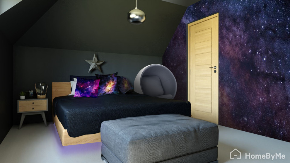 This is an example of a mid-sized eclectic loft-style bedroom in Oxfordshire with black walls, grey floor and vaulted.