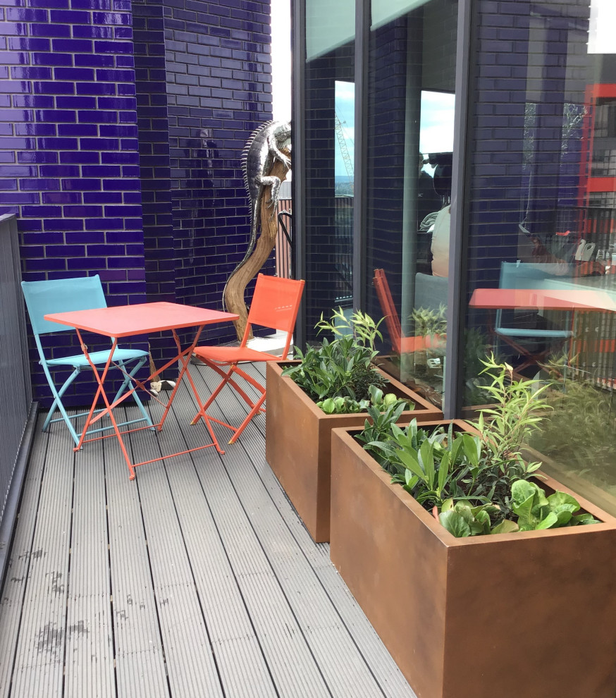 This is an example of a small contemporary balcony in London with a container garden.