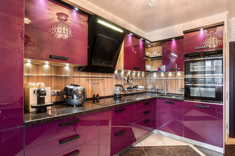 Photo of a mid-sized contemporary single-wall separate kitchen in Saint Petersburg with a drop-in sink, flat-panel cabinets, purple cabinets, solid surface benchtops, beige splashback, glass sheet splashback, black appliances, porcelain floors and multi-coloured floor.