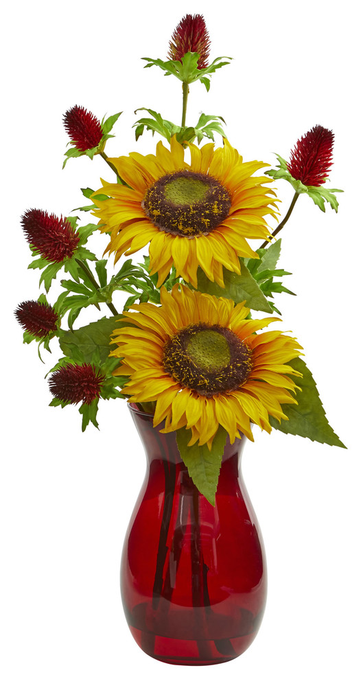 Sunflower And Thistle Artificial Arrangement In Red Vase Farmhouse Artificial Flower Arrangements By Nearly Natural Inc