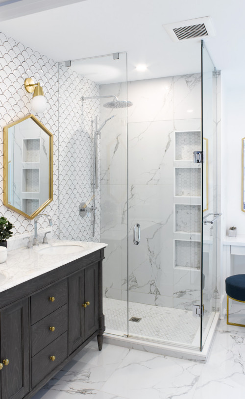 Timeless Beauty: Transitional Bathroom Vanity with Gray Cabinets and White Marble Tops