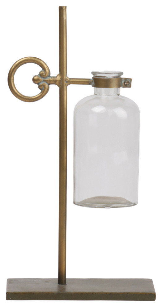 Bud Vase Holder with Side Round Handle & Suspended Glass Bottle Vase