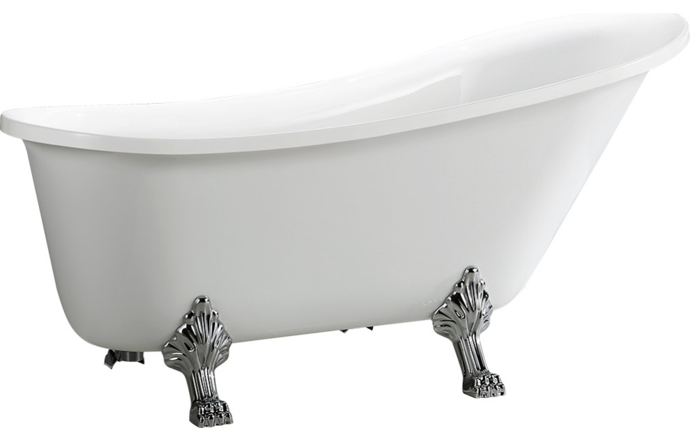 Freestanding claw foot white acrylic bathtub with polished chrome pop-up drain