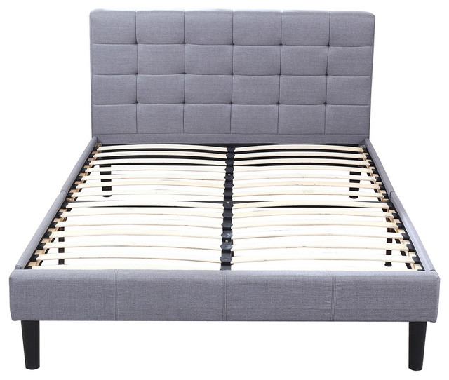 Classic Gray Linen Low Profile Platform, Low Full Bed Frame