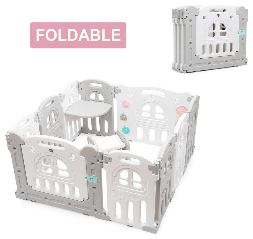 Costway 10Panel Foldable Baby Playpen Kids Activity Centre w/Tray