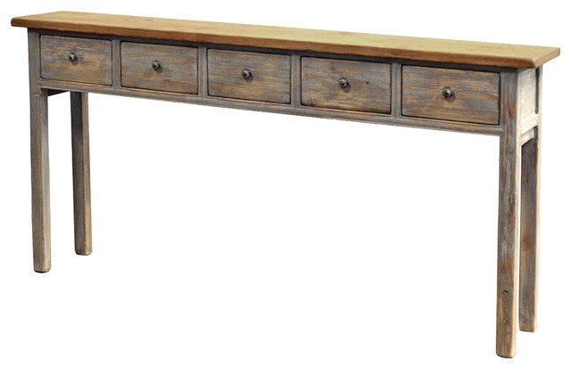 Volver French Country Narrow 5 Drawer Pine Console Table