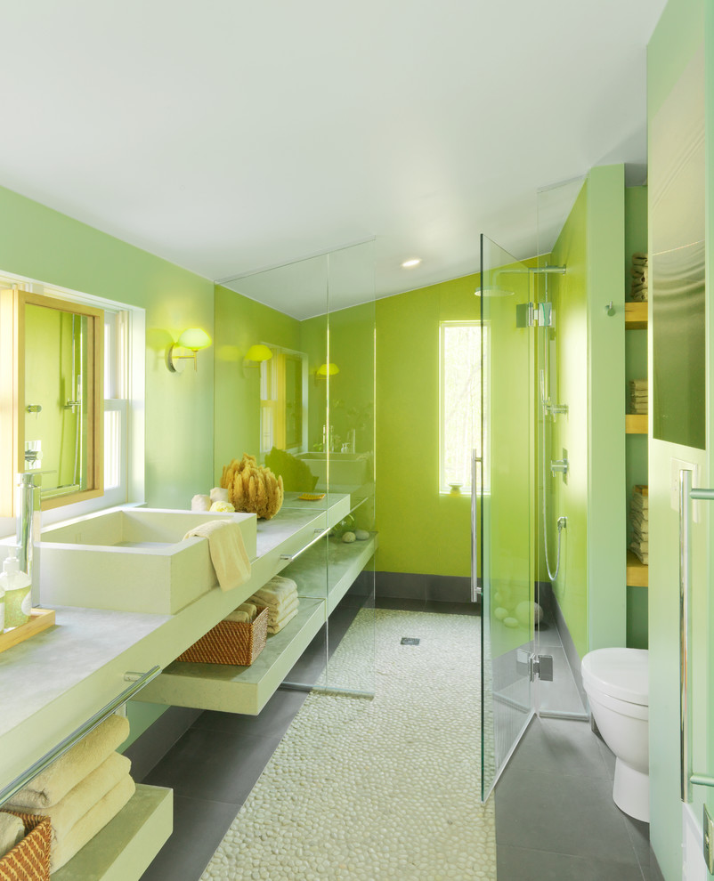 Contemporary master bathroom in Burlington with a vessel sink, engineered quartz benchtops, a curbless shower, a one-piece toilet, green walls and ceramic floors.