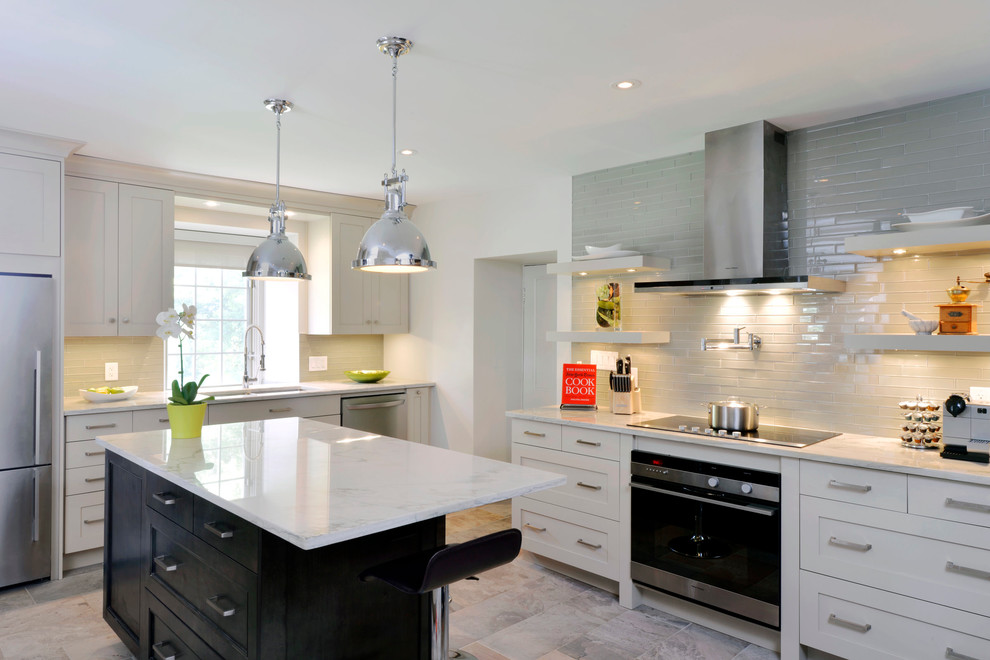 Inspiration for a transitional kitchen in Toronto with open cabinets, white cabinets, beige splashback and subway tile splashback.