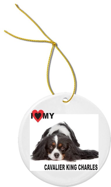 Love Brown White Cavalier King Charles Dog Round Porcelain Christmas Ornament