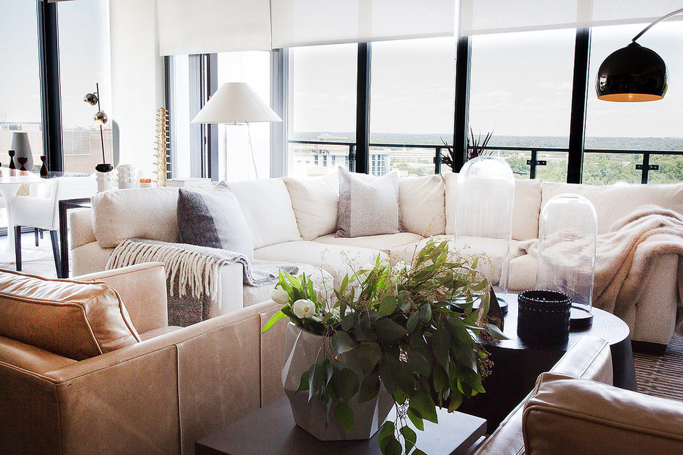 Penthouse Decor in Bethesda - Inspiration for a mid-sized transitional formal and open concept carpeted and gray floor living room remodel in DC Metro with white walls, no fireplace and no tv