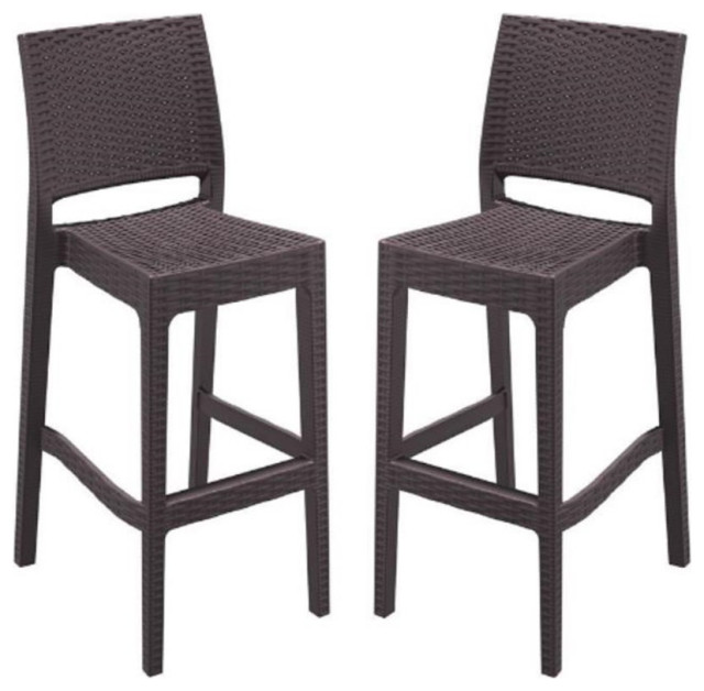 Home Square 30" Resin Wickerlook Patio Bar Stool in Brown Set of 2