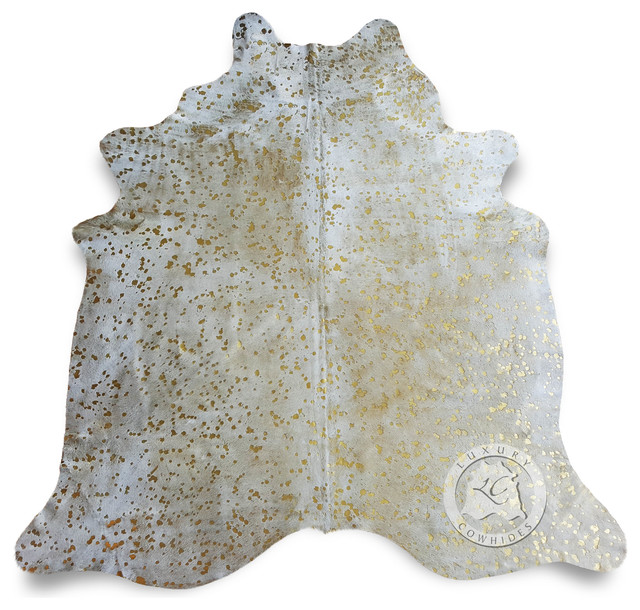 Brazilian Cowhide Rug Metallic Gold On Off White 6 X8 Contemporary Novelty Rugs By Luxury Cowhides - White Cowhide Rug With Gold Brazilian Cowhide Rug Metallic Gold On Off White 6 X8 Contemporary Novelty Rugs By Luxury Cowhides - White Cowhide Rug With Gold