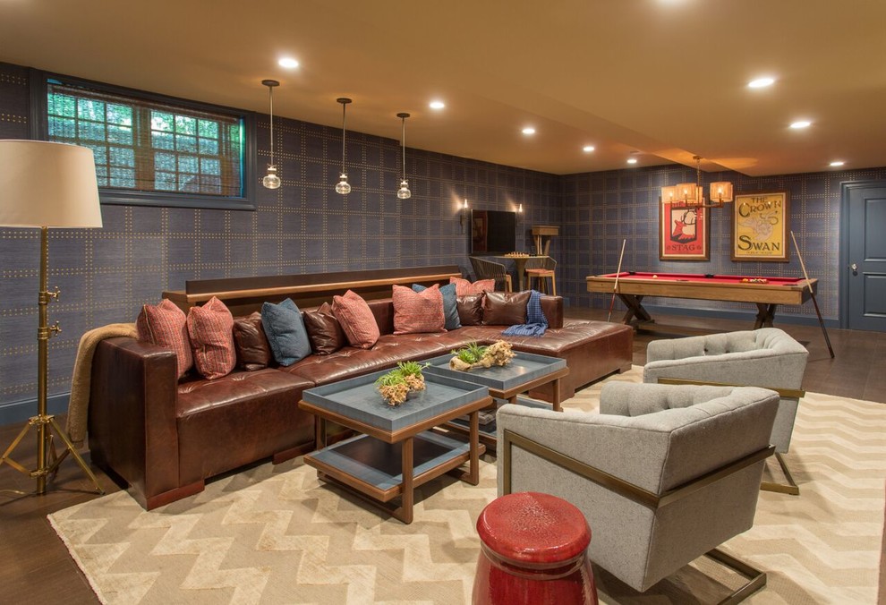 Inspiration for a transitional look-out basement in Boston with blue walls, dark hardwood floors and brown floor.