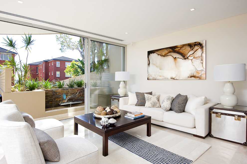 Contemporary enclosed living room in Other with white walls, ceramic floors and white floor.