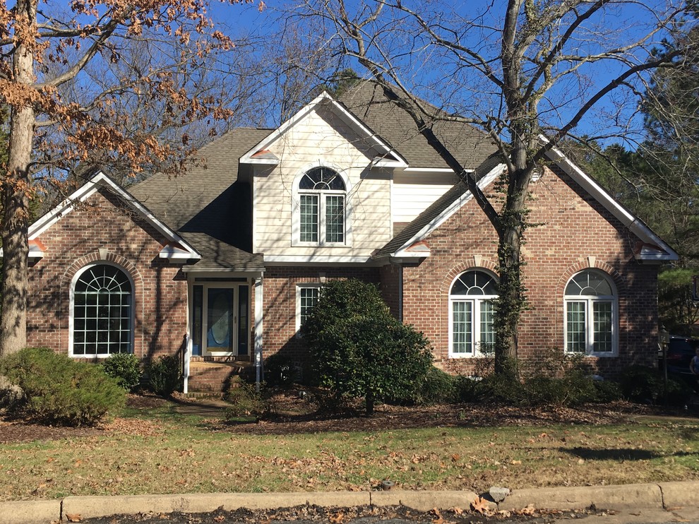 What color roof is best with brownish, peachypink brick?