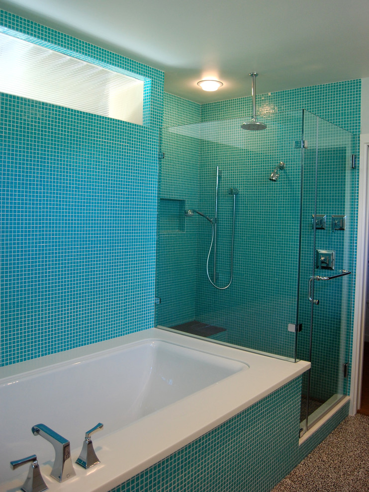 Modern bathroom in Austin with mosaic tile.