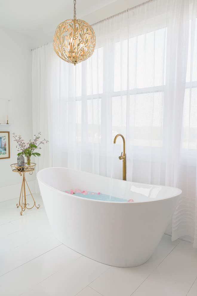Design ideas for an expansive transitional master bathroom in Other with a freestanding tub, an open shower, a one-piece toilet, white walls, painted wood floors, an undermount sink, quartzite benchtops, white floor, an open shower and white benchtops.