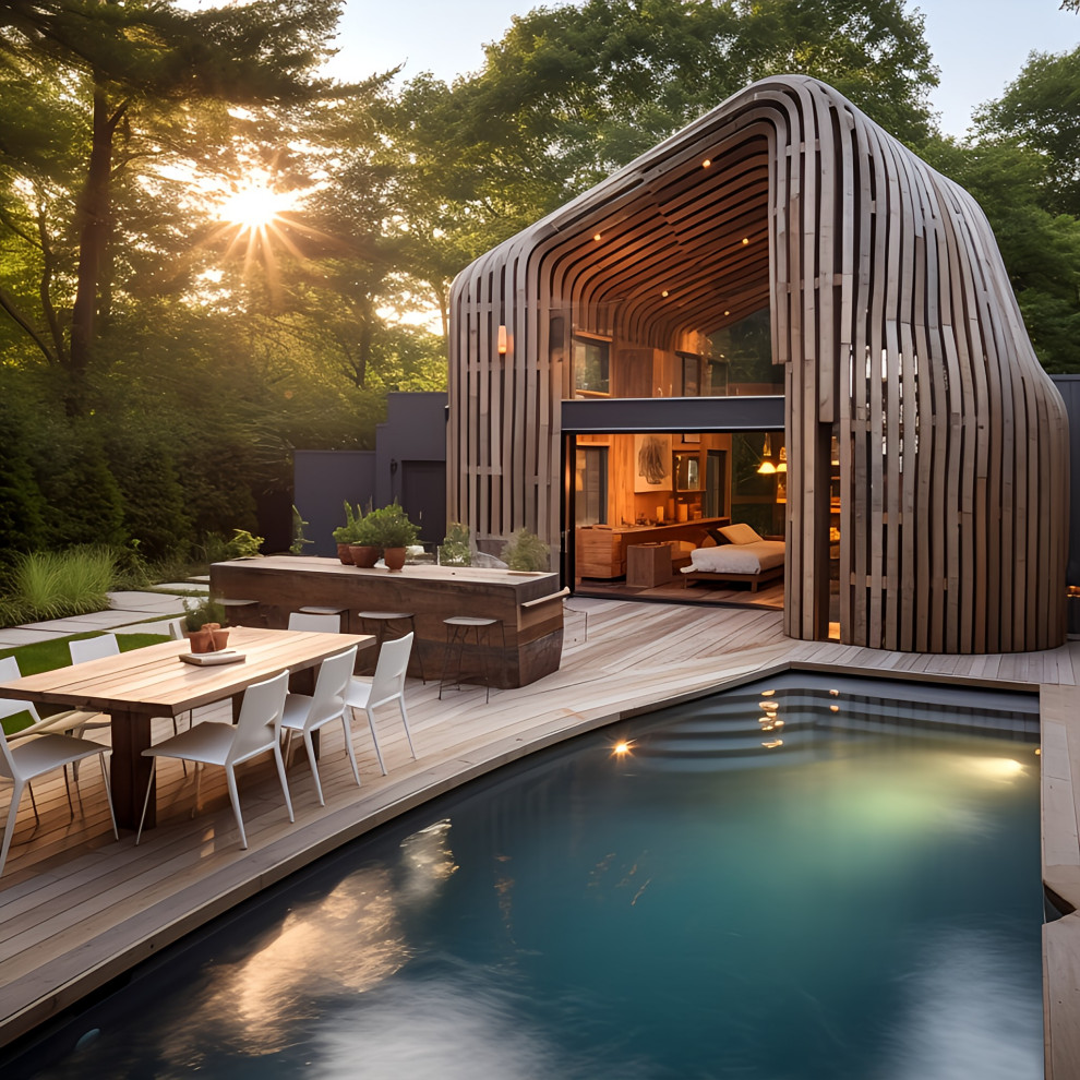 Idées déco pour un piscine avec aménagement paysager avant contemporain de taille moyenne et sur mesure avec une terrasse en bois.