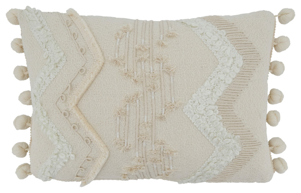 Poly Filled Cord and Pom Pom Applique Throw Pillow, 12"x18", Ivory