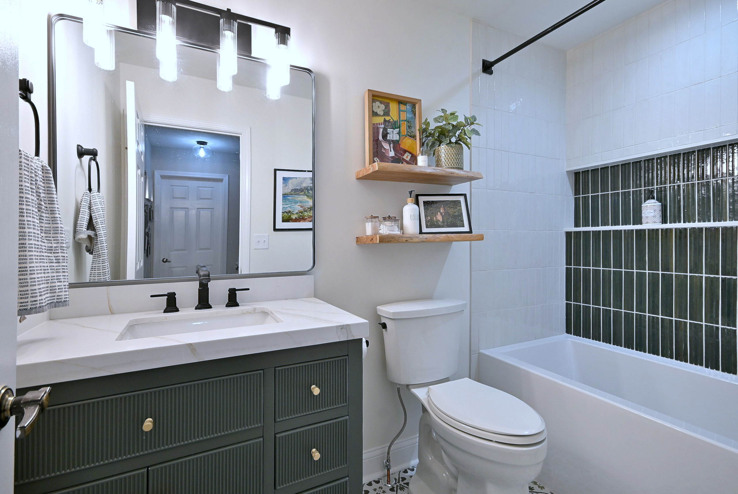 Transitional Bathroom Remodel With Green Cabinetry
