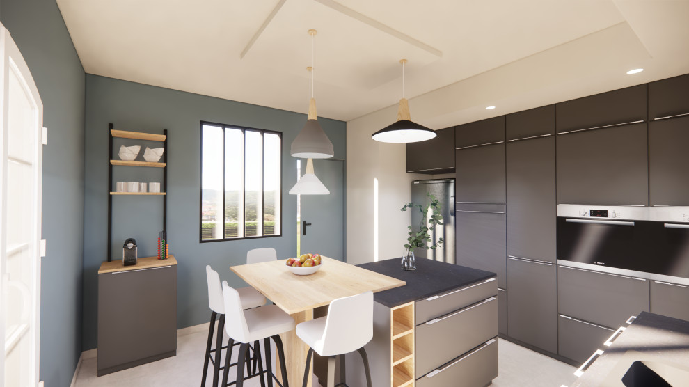Inspiration for a mid-sized modern l-shaped separate kitchen in Other with flat-panel cabinets, grey cabinets, wood benchtops, with island, grey benchtop, an undermount sink, white splashback, glass tile splashback, panelled appliances, ceramic floors and grey floor.