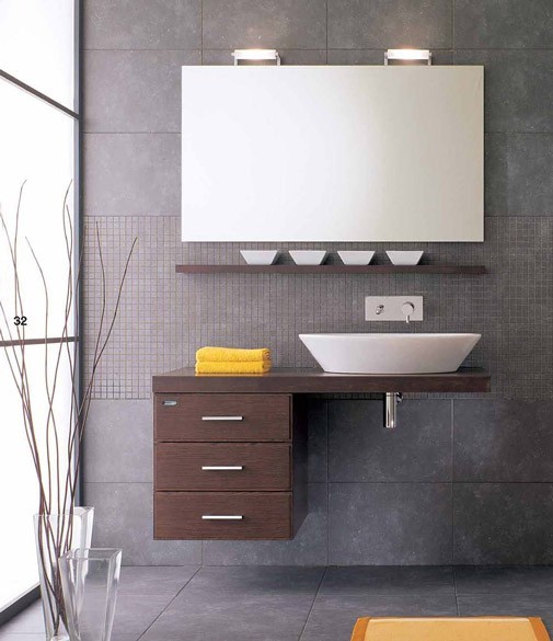 Modern powder room in San Francisco with brown benchtops.