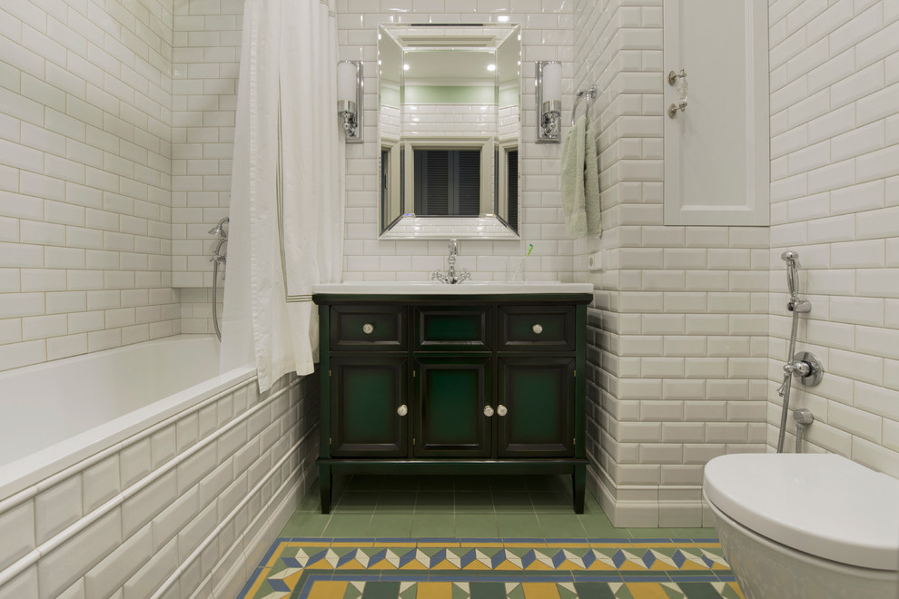 Small traditional master bathroom in Moscow with recessed-panel cabinets, dark wood cabinets, a drop-in tub, white tile, multi-coloured tile and white walls.