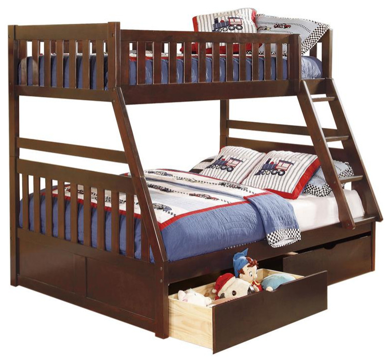 Pemberly Row Wood Twin over Full Bunk Bed with Storage Boxes in Dark Cherry Transitional