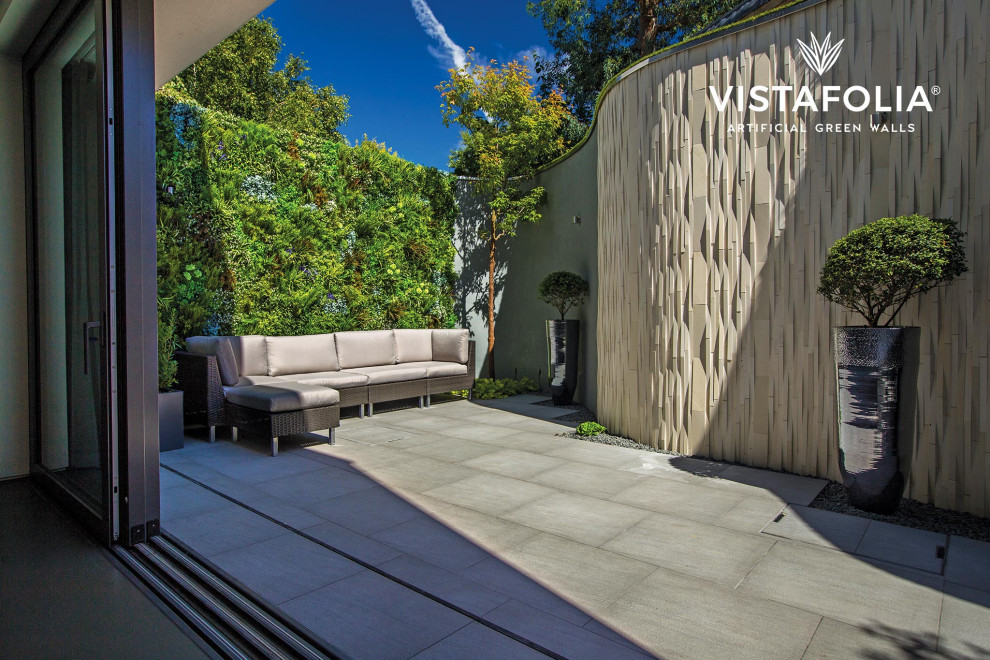 Esempio di un giardino formale minimal esposto in pieno sole di medie dimensioni e in cortile in estate con pavimentazioni in cemento e recinzione in pietra