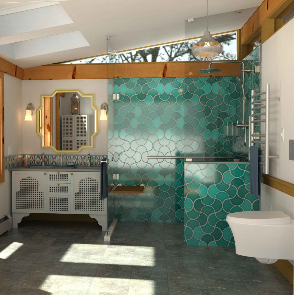 Design ideas for a medium sized bohemian ensuite bathroom in Boston with recessed-panel cabinets, white cabinets, a built-in shower, a wall mounted toilet, blue tiles, ceramic tiles, grey walls, ceramic flooring, a built-in sink, engineered stone worktops, grey floors, an open shower, grey worktops, a shower bench, double sinks, a built in vanity unit and a vaulted ceiling.