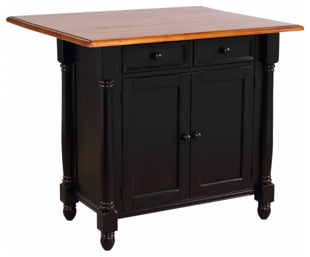 Black Expandable Kitchen Island With Cherry Drop Leaf Top, Drawers & Modern Kitchen