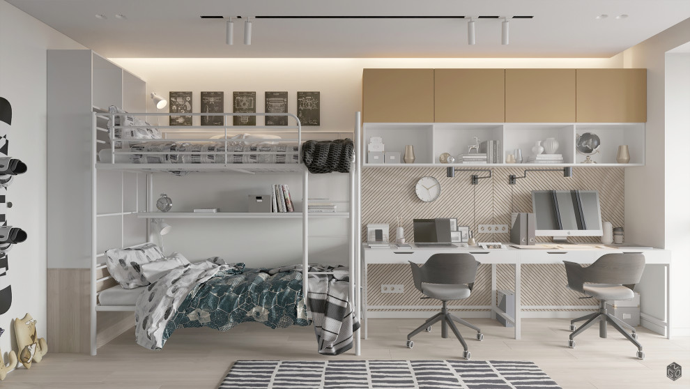 Bild på ett mellanstort funkis könsneutralt tonårsrum kombinerat med sovrum, med vita väggar, mellanmörkt trägolv och beiget golv