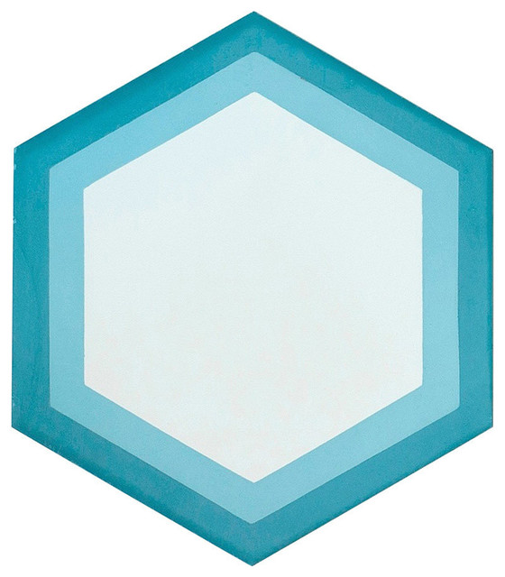 Blue Hexagon Geometric Pattern Cement Tile, Set of 13, 8x8