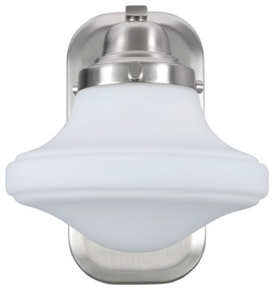 Transitional Design in Brushed Nickel with Clear Glass Shade Aspen Creative 62085 5 Wide One-Light Metal Bathroom Vanity Wall Light Fixture
