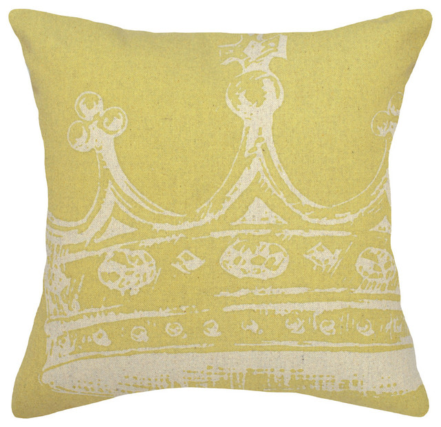 Crown Printed Linen Pillow With Feather-Down Insert, Mustard