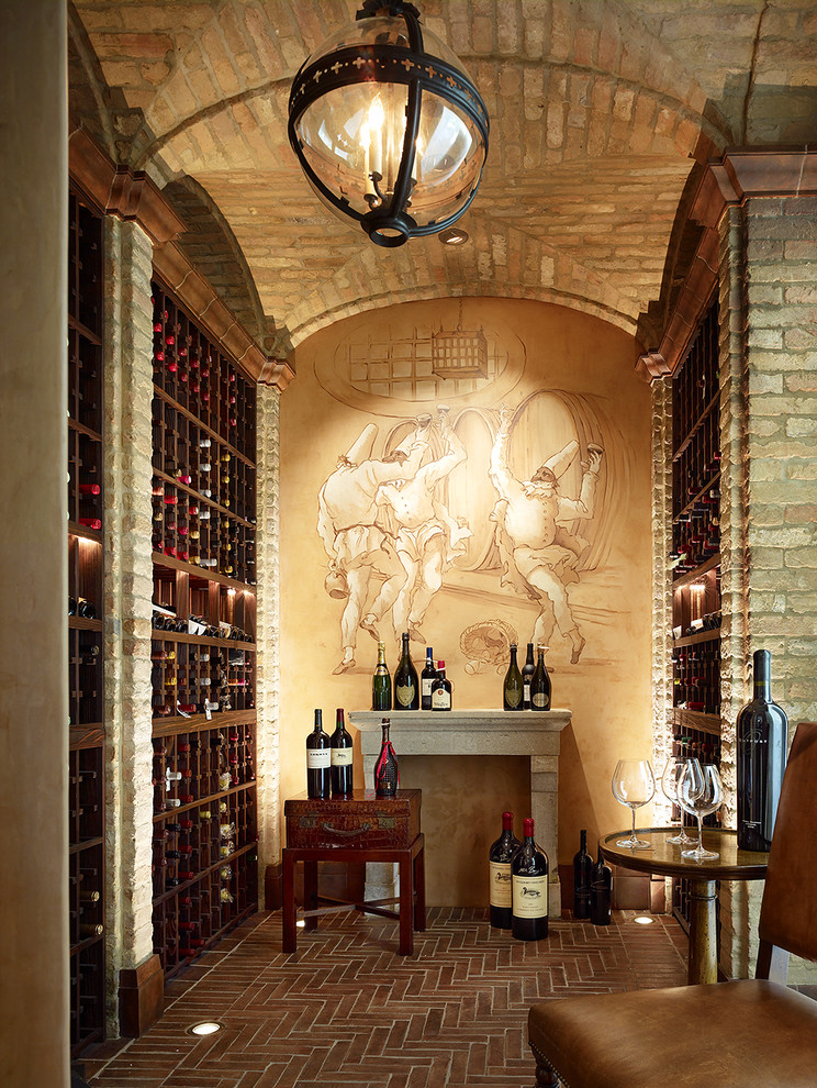 Design ideas for a mediterranean wine cellar in San Francisco with brick floors and red floor.