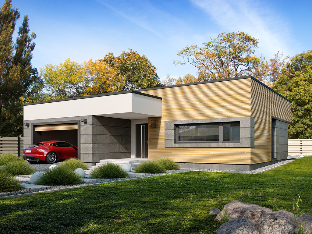 Проект одноэтажного дома с плоской крышей и гаражом