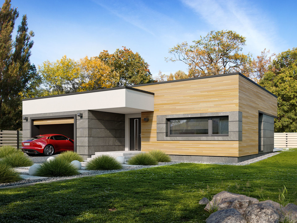 Проект одноэтажного дома с плоской крышей и гаражом