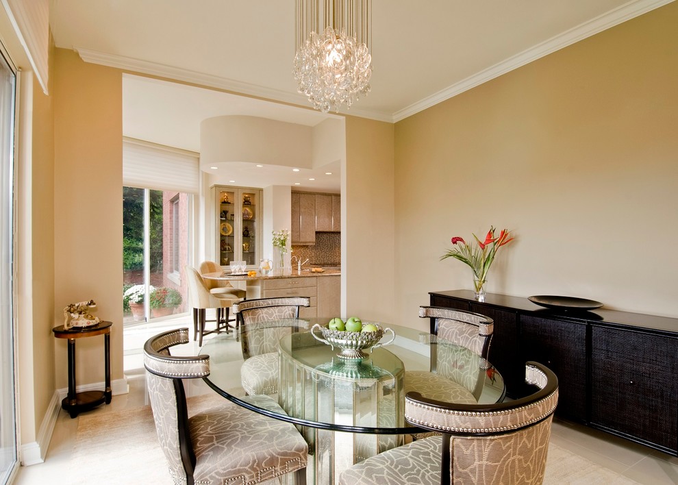 Transitional open plan dining in Boston with beige floor.