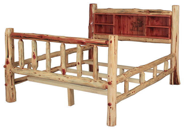 Rustic Red Cedar Log Queen Size Bed, Queen Bed Frame With Headboard Shelves