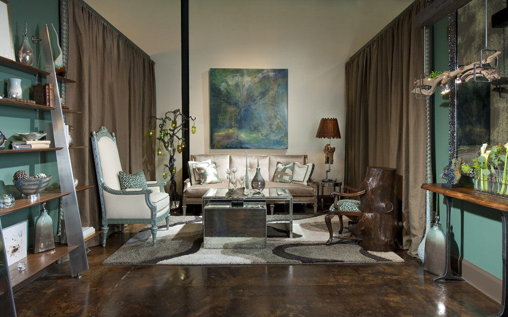 Photo of an eclectic living room in Dallas with concrete floors.