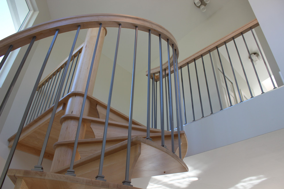 Staircase - small transitional wooden spiral mixed material railing staircase idea with wooden risers