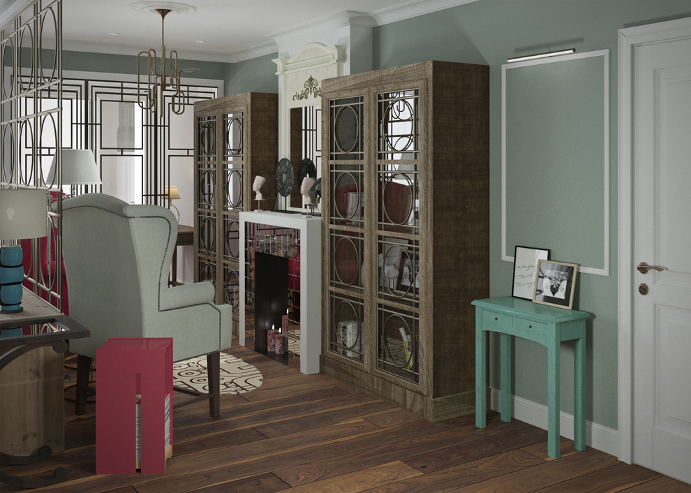 "Игра в классики" интерьер загородного дома. Гостиная, зона библиотеки с камином