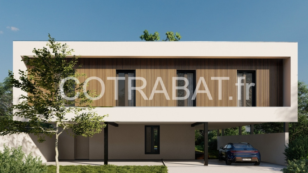Идея дизайна: большой, двухэтажный, кирпичный, белый дом в стиле модернизм с плоской крышей