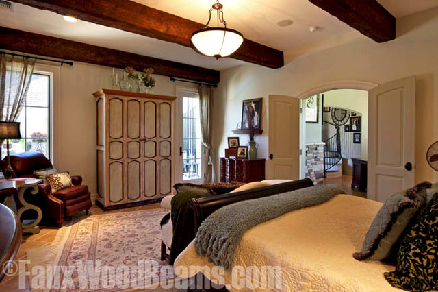 Bedroom With A Touch Of Faux Wood Ceiling Beams Transitional