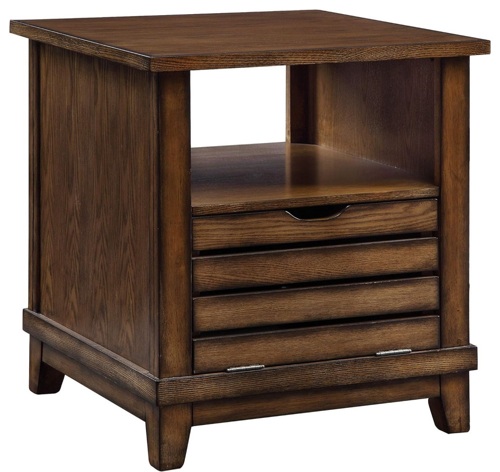 Transitional End Table, Drop-Down Door and Open Compartment, Oak Finish