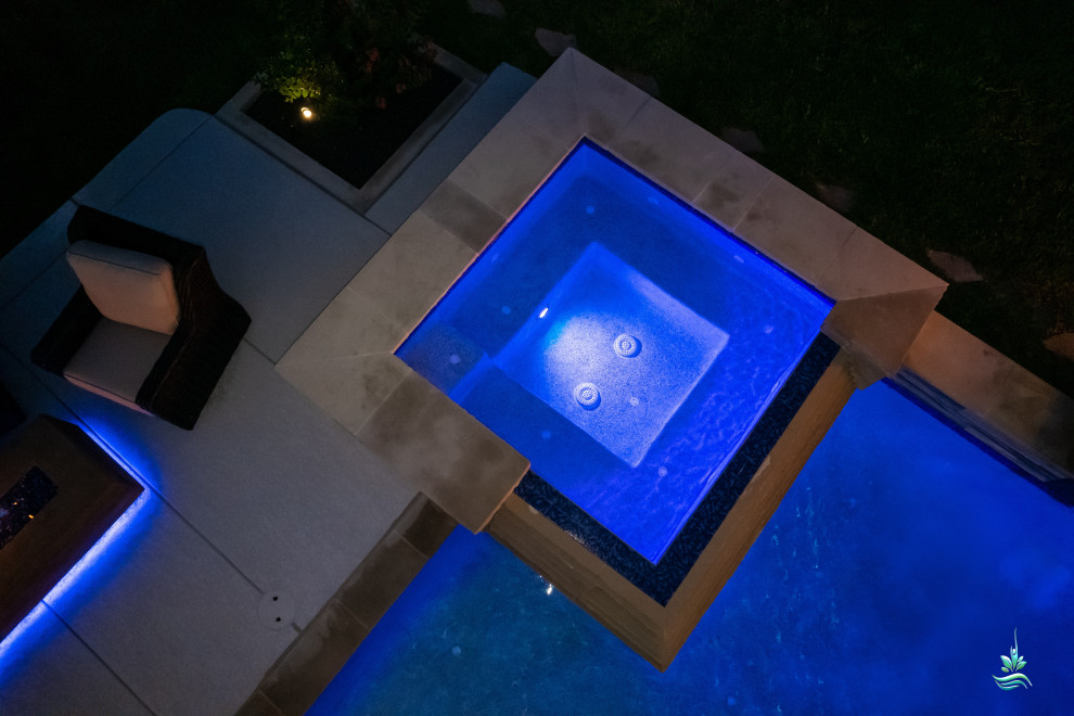 Foto di una grande piscina naturale minimalista personalizzata dietro casa con una vasca idromassaggio e lastre di cemento