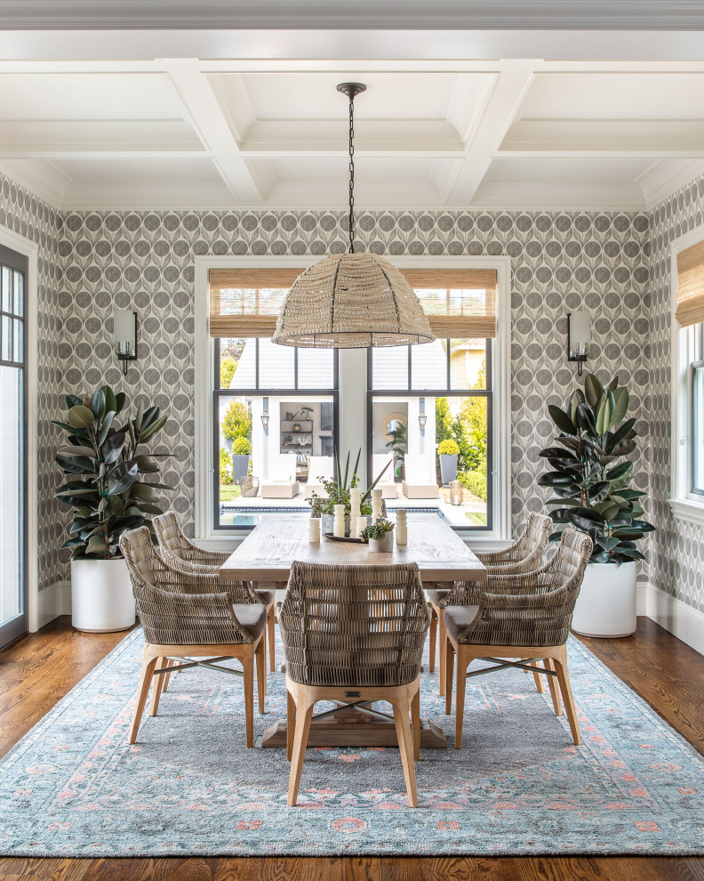 Dining room - transitional medium tone wood floor and brown floor dining room idea in San Francisco with multicolored walls